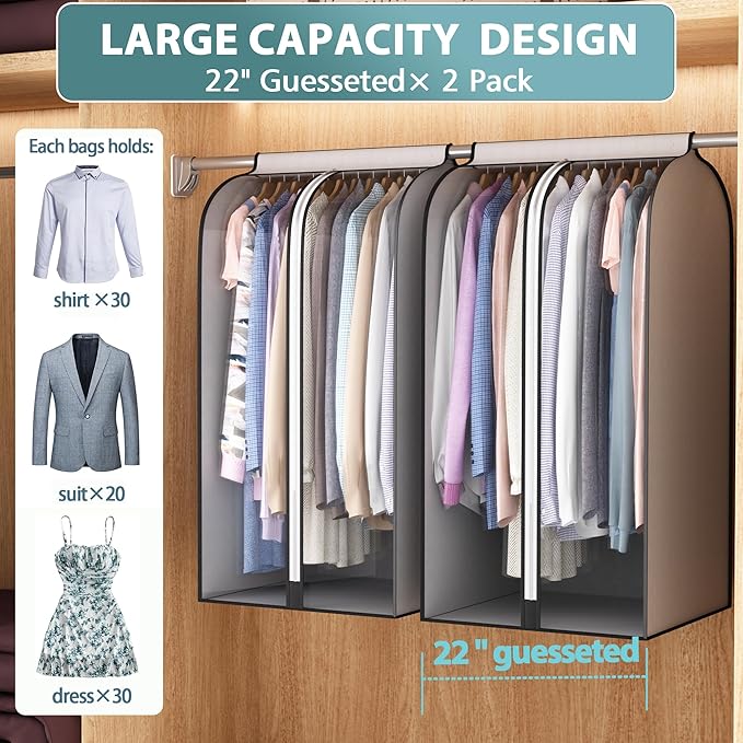 22” Gusseted Garment Bags for Hanging Clothes, Large Clear Window Clothes Cover for Closet Storage, Wardrobe Coat Protector for Suit, Shirt Dress, Bottom Enclosed, 2 Pack, 40” Long