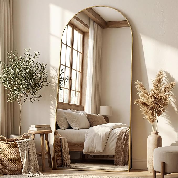 Antok Full Length Mirror, 76"x34" Floor Mirror, Arched Floor Standing Freestanding Arch Full Body Mirrors with Stand for Bedroom, Hanging Mounted for Living Room Cloakroom,Gold