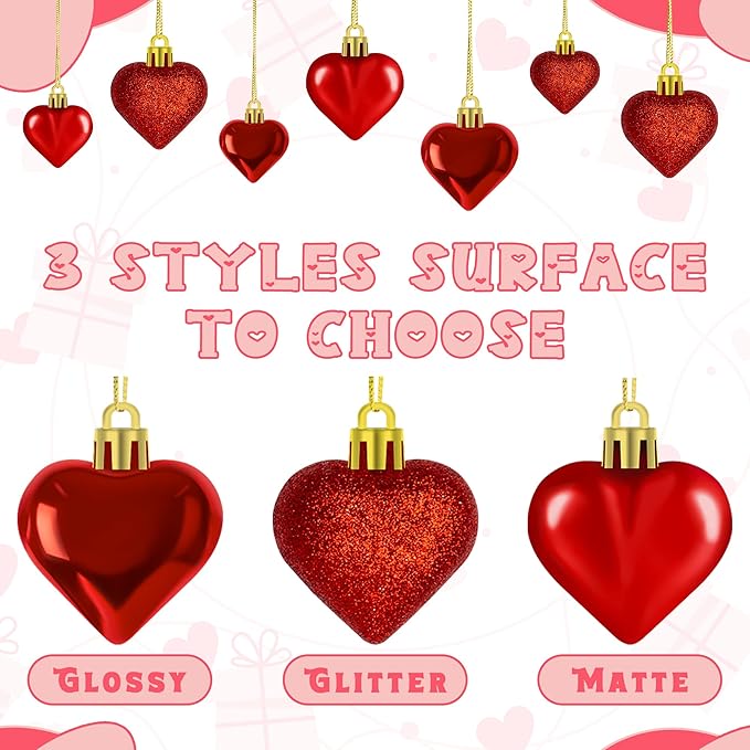 24PCS Heart Shaped Ornaments, Red Heart Shaped Ornaments, Valentines Heart Hanging Ornaments in 2 Sizes, Glossy Heart Baubles for Valentines Wedding Christmas Tree Party Decorations