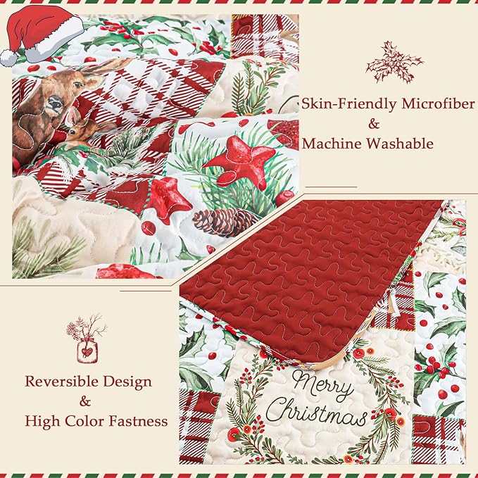Exclusivo Mezcla Reversible Christmas Quilts King Size, Red Bedspread Lightweight Coverlet Winter Patchwork Quilt Bedding Set with Printed Reindeer Wreaths Pattern (1 Quilt, 2 Pillow Shams)