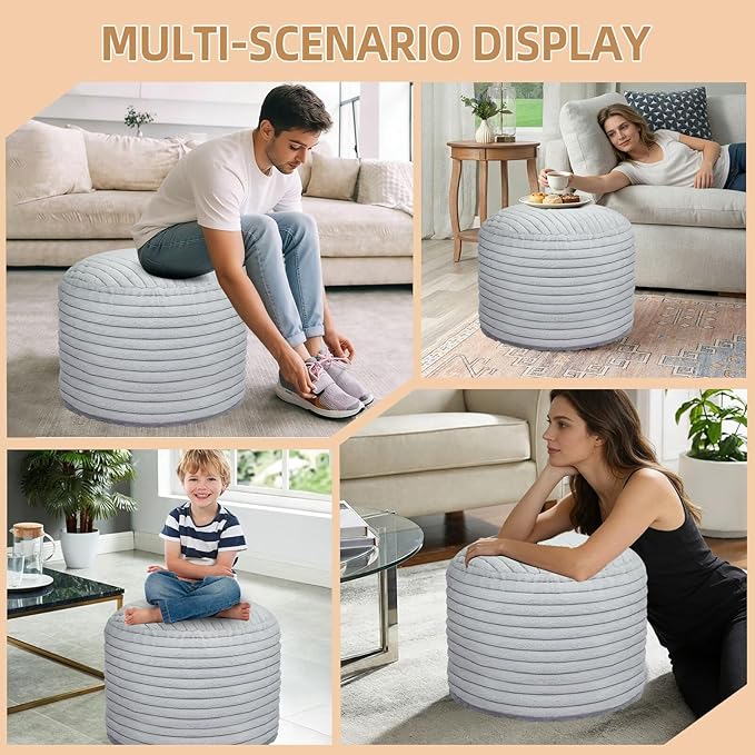 Round Stuffed Pouf Ottoman Foot Rest for Couch Round Ottoman with Foam Chunk Filling Stripe Faux Fur Ottomans for Living Room Floor (20"x15",Light Grey)
