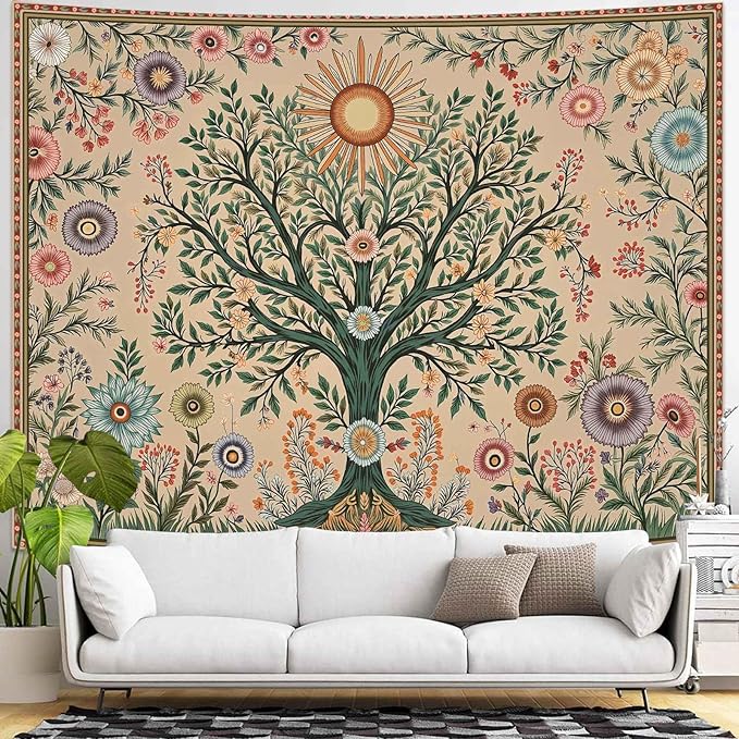 Lunerfex Chakra Tree Wall Tapestry - Celestial Sun & Floral Wall Hanging for Bedroom and Living Room - Boho Spiritual Decor Tapestries 48"x36"