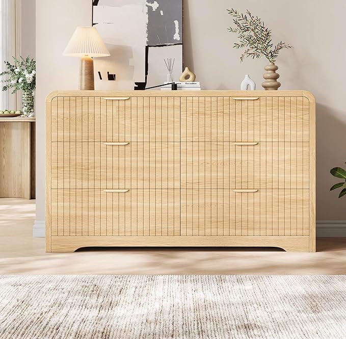 Modern 6 Drawer Dresser, 47" Wide Wood Dressers & Chests of Drawers Curved Profile Design, Mid Century Modern Fluted Dresser for Bedroom, Natural Oak