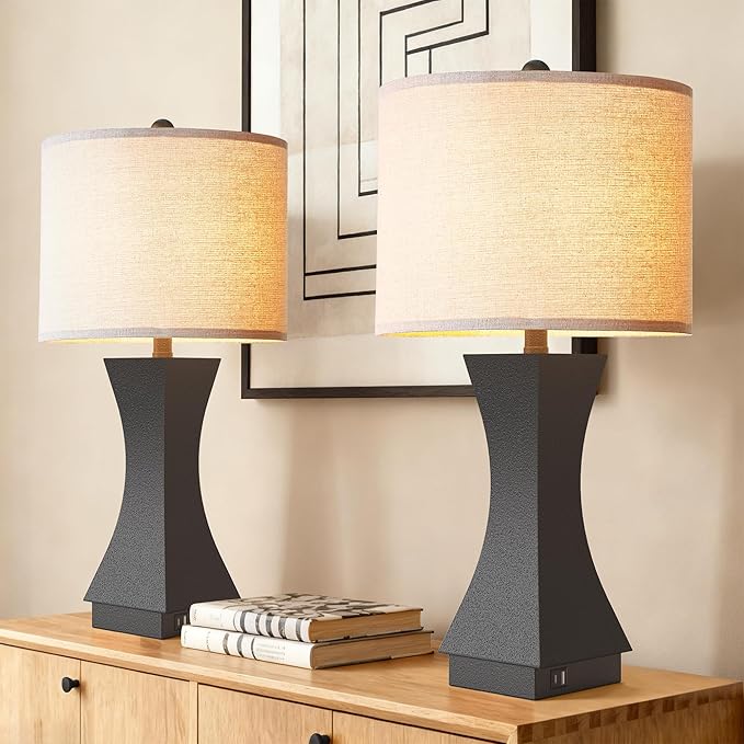 24.5" Modern Table Lamp Set of 2, 3-Way Dimmable Bedside Lamps with USB C & A Charging, Farmhouse Resin Nightstand Lamps with Beige Linen Shade for Bedroom, Living Room, Home Office (Black)