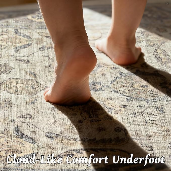 Washable 9x12 Area Rugs for Living Room, Boho Non-Slip Vintage Distress Lager Rugs for Bedroom Dining Room Nursery Office, 0.3" Neutral Oriental Throw Thin Carpet, Flaxen/Brown/Multi