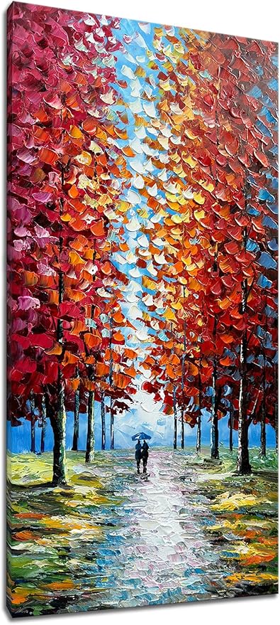 Alenoss Hand Painted 3D Abstract Oil Paintings on Canvas 24x48 Inches Large Modern Forest Landscape Vertical Red Canvas Wall Art Framed Artwork for Living room Bedroom Tree Art Decor