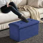 MoNiBloom 30 Inch Storage Ottoman Bench, Rectangle End of Bed Bench, Storage Padded Seat, Linen Fabric Ottoman Footrest for Living Room, Bedroom, Entryway, Navy Blue
