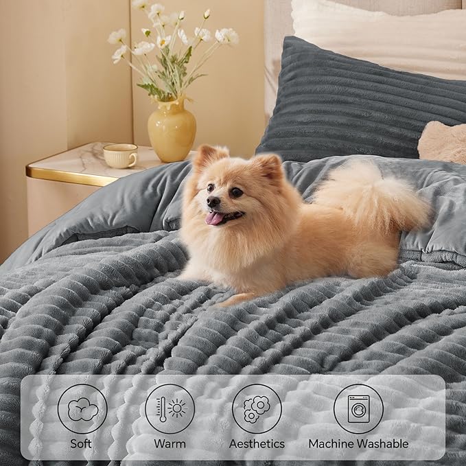 BEDELITE Fleece Queen Comforter Set -Super Soft & Warm Fluffy Grey Bedding, Luxury Fuzzy Heavy Bed Set for Winter with 2 Pillow Cases