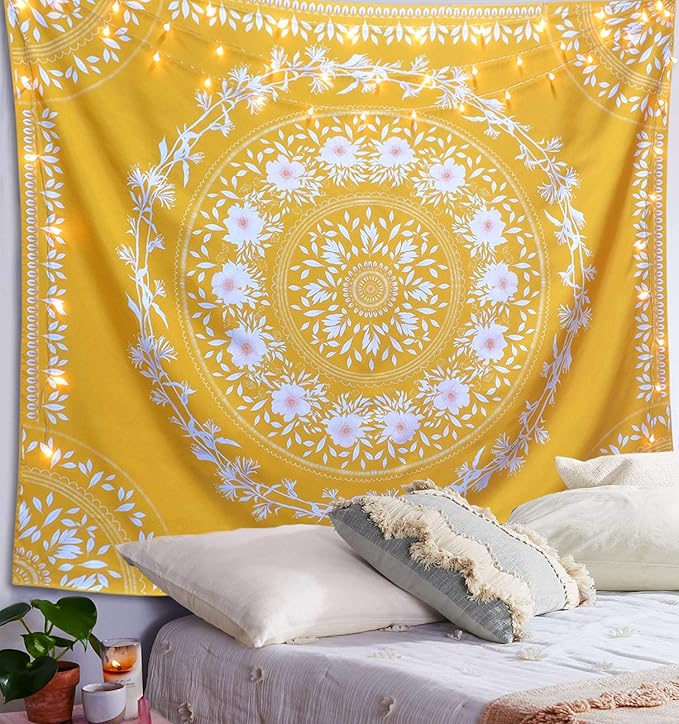 Lifeel Yellow Bohemian Tapestry Wall Hanging, Mandala Floral Medallion Hippie Tapestry with White Aesthetic Wreath Design, Gold Wall Decor Blanket for Bedroom Home Dorm,Large 68×80 inches