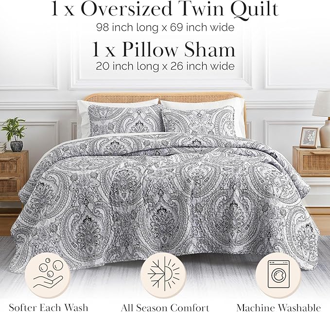 Southshore Fine Living, Inc. Farmhouse Bedding Quilt Set, Twin XL Coverlet, Oversized Quilt, Summer Coverlet, Lightweight Bedspread 2-Piece Set with One Matching Pillow Sham, Twin/XL Quilts, Black