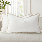 decorUhome Spring Chenille Soft Cozy Throw Pillow Covers 12x20 Set of 2, Modern Farmhouse Boho Velvet Decorative Pillow Cases with Stitched Edge for Couch Sofa Bed Home Decor, Cream White