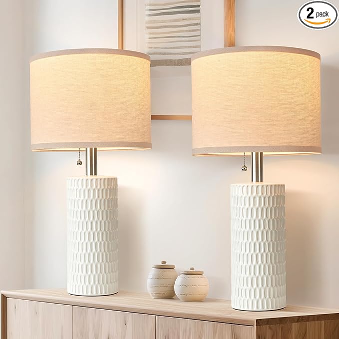 20.5" Modern Ceramic Table Lamps for Bedroom Set of 2, Bedside Lamps for Night Stands with Beige Lampshade, Farmhouse Table Lamp for Living Room Office Dorm, White