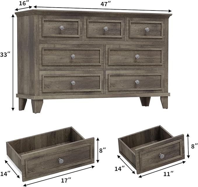 GarveeHome Grey Dresser for Bedroom, 7 Drawer Dresser, Wooden Chest of Drawers with Deep Drawers, 47 in Long Dressers TV Stand, Modern Dressers Organizer with Vintage Handle for Living Room, Hallway