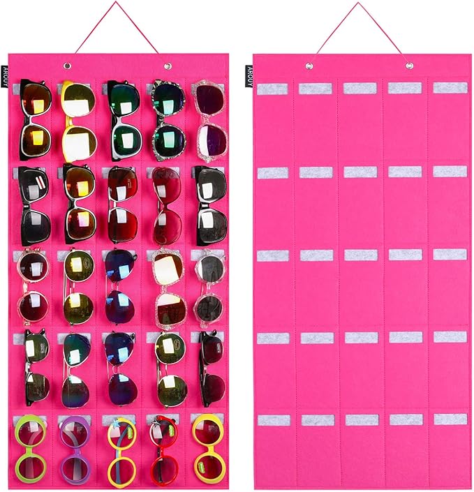AROUY Sunglasses Organizer Storage, Hanging Wall Pocket Glasses Organizer - 25 Felt Slots Sunglass Organizers Holder Eyeglass Display with Sturdy Rope (Large, Rose)