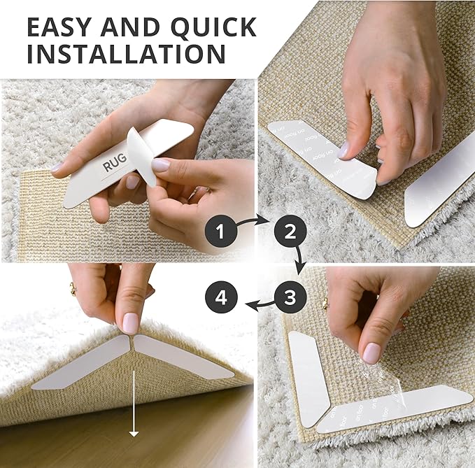 X-Protector Rug Tape - 16 Pcs Set - White Anti-Slip & Anti-Curling Carpet Tape for Hard Floors - Premium Rug Pad Gripper - Carpet Corner Grippers to Keep Your Carpet in Place & Make Corners Flat