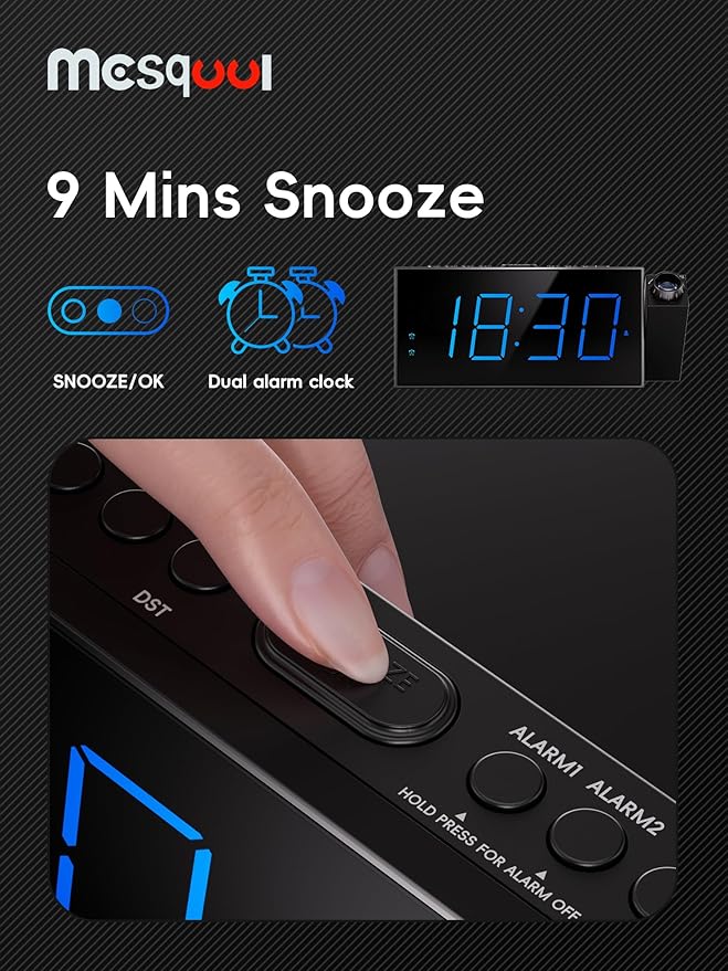 Mesqool Projection Alarm Clock, Loud Vibrating Alarm Clock for Heavy Sleepers, Adjustable Projection Brightness,Hearing Impaired & Deaf People, Digital Alarm Clock with USB Charging Port