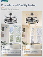 LEDIARY 22 inch Black Caged Ceiling Fan with Light, Bladeless Industrial Ceiling Fan with Remote, Farmhouse Fan Lights Ceiling Fixtures for Kitchen, Bedroom, Outdoor（6 Speed, Timing）-Black