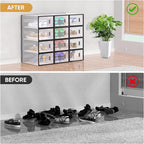 BALEINE 3 Pack Stackable Shoe Storage Boxes Fit Size 9, Thickened Clear Shoe Box Bins with Lids, Plastic Foldable Shoe Rack Organizer Sneaker Storage Containers (Large, Black)