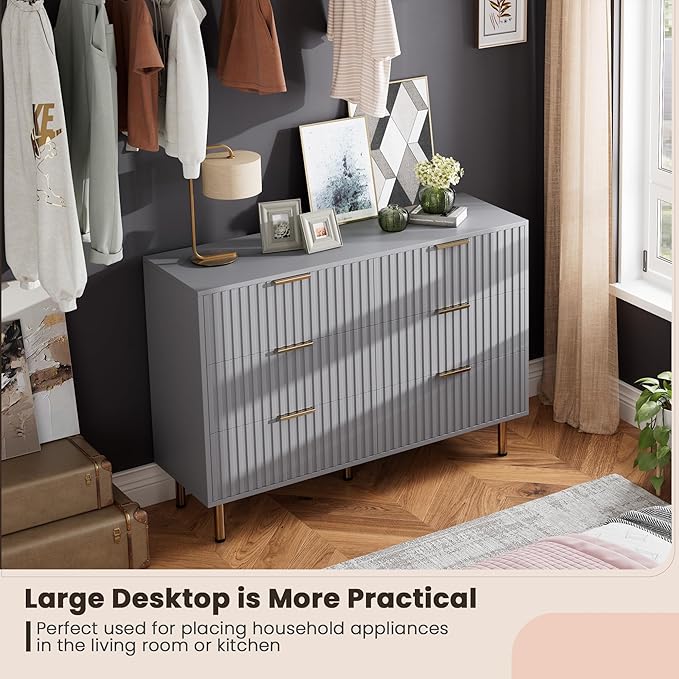 6 Drawer Dresser for Bedroom, Fluted 47.2 in Wide Modern Chest of Drawers with Deep Drawers, Long Large Double Dresser TV Stand, Wooden Dresser Organizer for Living Room, Hallway, Kids Room, Grey