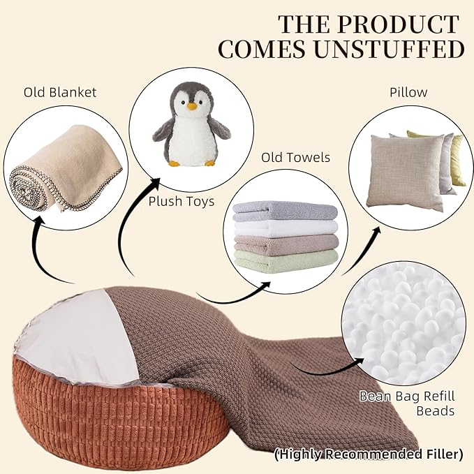 Unstuffed Pouf Ottoman Cover Soft Storage Extra Seat Farmhouse Comfortable Bohemian Poufs Accent Footrest 20x20x8 Inches for Living Room Bedroom Study Nook (Caramel B, Round)