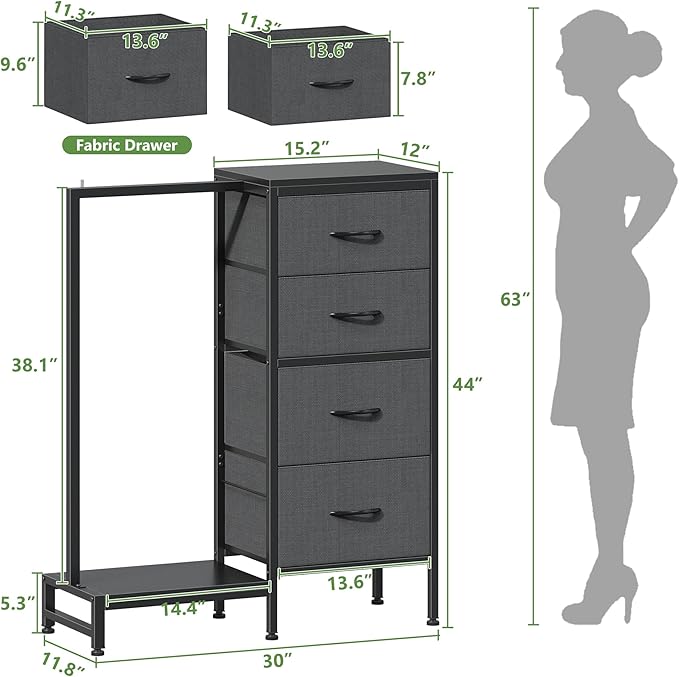 Dresser with Hanging Rack, 4 Drawers Small Closet for Bedroom, Reversible Fabric Kids Chest of Drawers with Clothes Rack, Tall Storage Tower, Sturdy Frame, Grey, 44''H