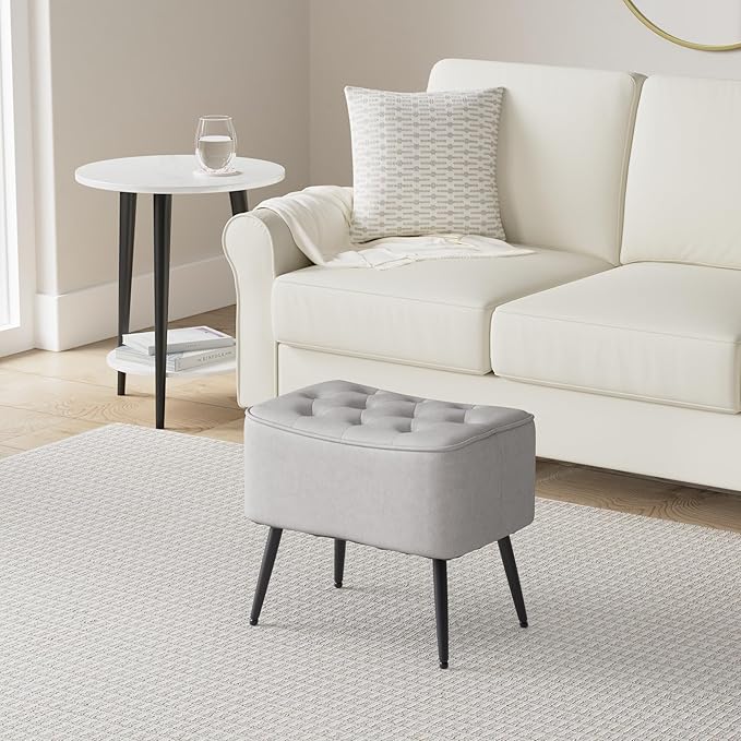 BIRDROCK HOME Tufted Curve Ottoman Velvet Foot Stool - Upholstered Padded Footrest for Living Room or Bedroom - Small Cushioned Accent Chair for Couch, Sofa, Large Seating - Modern Furniture - Grey