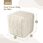 AELS Unstuffed Farmhouse Pouf Cover for Living Room, Boho Storage Bean Bag Cubes, Beige with Brown Stitch Yarn Dyed Stripe Square Ottoman Pouf Foot Rest Footstool, 18"x18"x18", Cover ONLY
