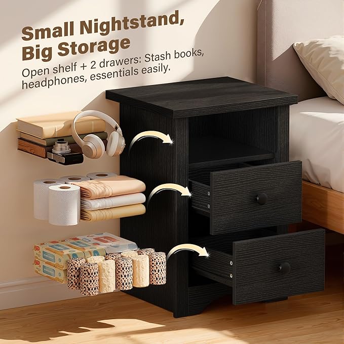 JUMMICO Farmhouse Nightstands, End Table with 2 Storage Drawers and Open Shelf, Rustic Bedside Table for Bedroom, Living Room(2, Black)