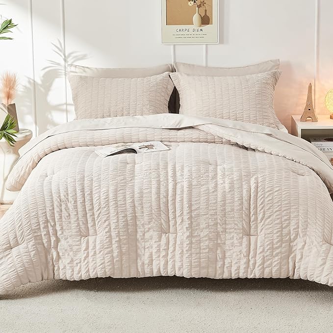 HYMOKEGE Beige King Size Comforter Set Seersucker 7 Pieces, All Season Luxury Bed in a Bag for Bedroom, Bedding Set with Comforters, Sheets, Pillowcases & Shams