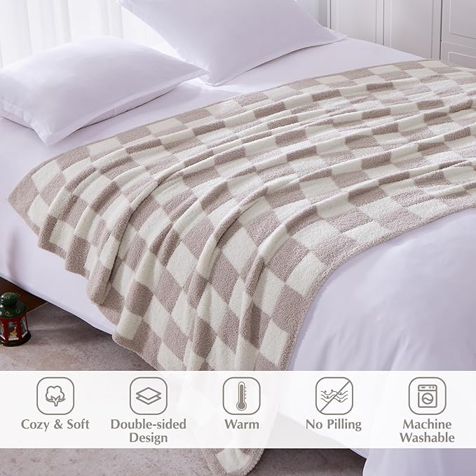 Checkered Throw Blanket, Taupe Soft Cozy Fluffy Warm Throw Blankets for Couch, Sofa, Chair, Bed, Camping, Picnic, Office,Travel Lightweight Bed Blanket - 50"*70"