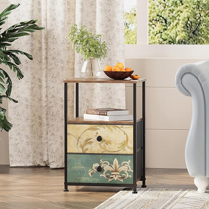 Tohomeor Nightstand with 2 Fabric Drawers Retro Flower End Table Side Table with Open Storage Shelf for Bedroom Living Room Sofa Beside Vintage