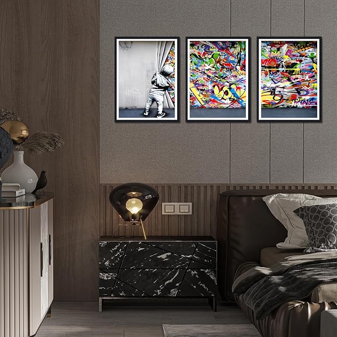 Novatique Graffiti Wall Art Colorful Banksy Wall Art Behind the Curtain Street Art Canvas Print Framed for Living Room Bedroom,12" x 16" x 3Pcs