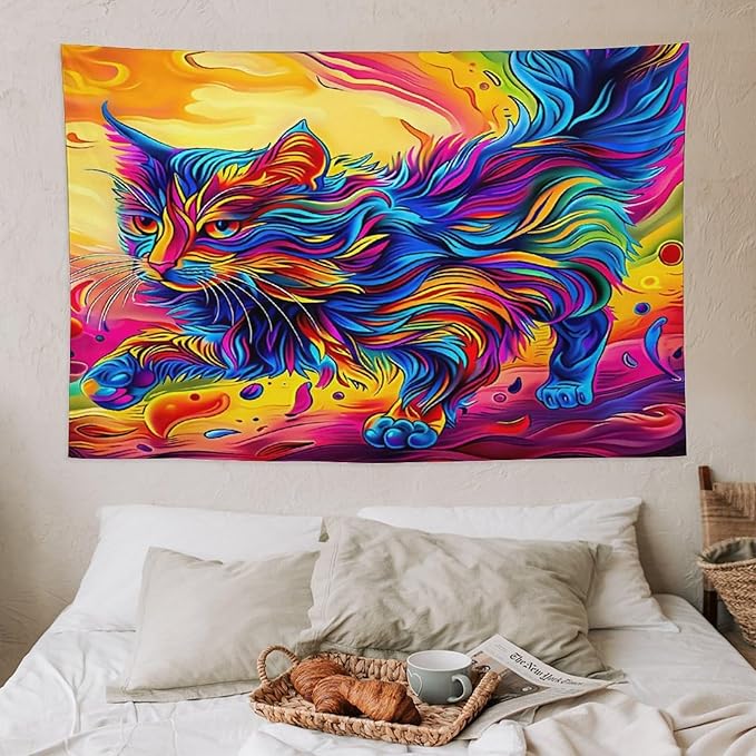 VUMIVI Colorful Cat Tapestry Pet Oil Painting Print Rainbow Colorful Abstract Art Pattern Tapestry Wall Hanging for Living Room Bedroom Dorm Classroom Aesthetic Decor W60xL40in