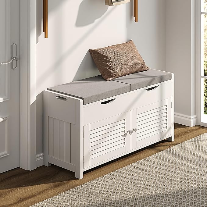 ChooChoo Shoe Storage Bench with Lift Top Storage, Entryway Bench with 2 Cushioned Seats, 3 Compartments, Adjustable Shelf, Shoe Cabinet for Entryway, Bedroom, Living Room, White