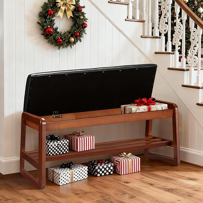 Solid Wood Shoe Rack with Flip-Top Storage, Entryway Shoe Bench with Cushion, 2 Tier Shoes Storage Organizer for Hallway, Living Room-(Black,39.37"-L)