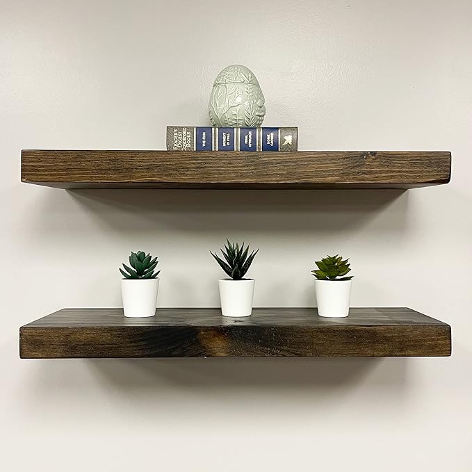 URBANDI, Rustic Floating Shelves, Set of 2, Hidden Bracket, Solid Wood, Heavy Duty, Wall Mounted Shelves, (Dark Brown, 48Wx10D)