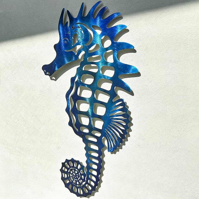 LiveInUrban Coastal Wall Art Seahorse Metal Wall Sculptures, Ocean Beach Themed Metal Hanging Home Decoration 15.8"x12.1"
