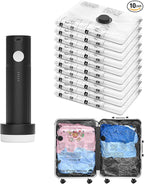 SUOCO Travel Vacuum Bags with Portable Electric Pump, 10 Small Compression Packing Seal Cubes for Clothing Suitcase Luggage Organizer, Space Saver Clothes Storage Bags
