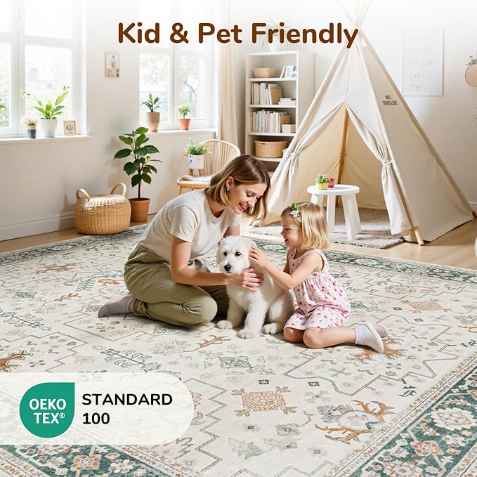 Lessymo Area Rugs for Living Room, Soft Non Slip 5x7 Washable Rug for Bedroom Dinning Nursery Room Office, Kids & Pets Friendly, Stain Resistance Vintage Floral Tribal Decor, Cream Green