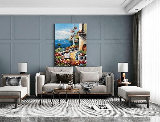 Alenoss Hand Painted Abstract Vertical Canvas Wall Art 28x40 Inches Large 3D Modern Acrylic Painting Mediterranean Sea Landscape Blue Artwork Wall Decor for Home Decorations