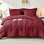 HYMOKEGE Burgundy King Size Comforter Set Seersucker 7 Pieces, All Season Luxury Bed in a Bag for Bedroom, Bedding Set with Comforters, Sheets, Pillowcases & Shams