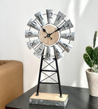 MODE HOME Rustic Windmill Table Clock for Living Room Decor, Vintage Galvanized Metal & Wood Desk Clock with Silent Quartz Movement, Farmhouse Windmill Decor for Living Room, Mantel, Shelf & Office