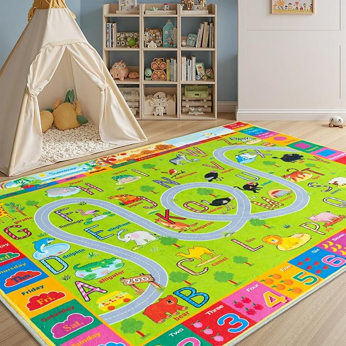 Kids Rugs for Bedroom Kids Room, Educational Rug for Classroom, Non-Slip Washable ABC Learning Carpet for Boys Girls, Zoo Road Play Mat, 6x9 Green