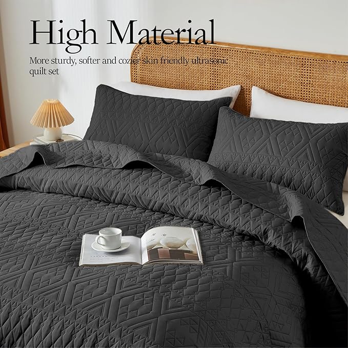 akkialla Twin Size Quilt Bedding Set,Black Lightweight Microfiber Soft Bedspreads,Modern Style Geoetric Pattern Coverlet Set for All Seasons,2 Piece(1 Quilt,1Pillow Sham)