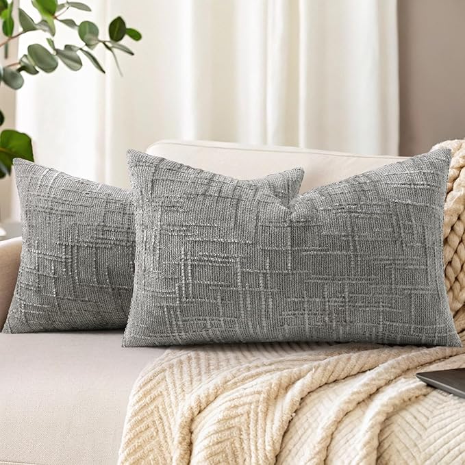 decorUhome Spring Neutral Grey Chenille Throw Pillow Covers 12x20 Set of 2 Textured Soft Cozy Slubby Couch Pillow Covers Modern Farmhouse Boho Decorative Pillow Cases for Bed Sofa Living Room