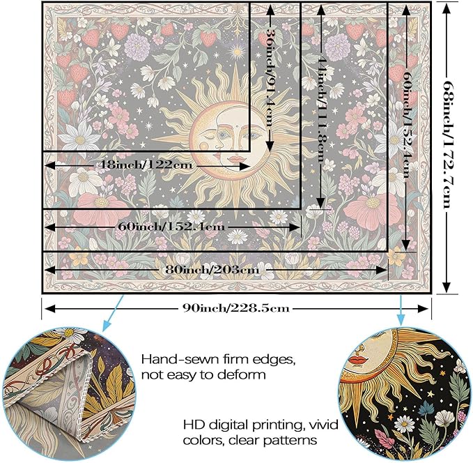 Accnicc Sun and Moon Tapestry Boho Vintage Floral Wall Tapestry for Bedroom Aesthetic Hippie Celestial Botanical Colorful Plant Small Tapestries Wall Hanging for Living Room Dorm 60 x 44 Inch