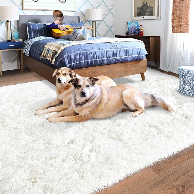 Rugs for Living Room 10x14, Soft Shaggy Modern Shag Area Rug for Bedroom, Upgrade Non-Slip Plush Fluffy Carpet for Kids Boys Girls Room Home Decor Aesthetic, Cream White