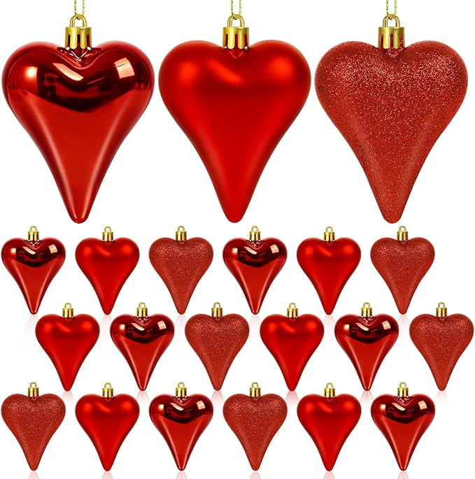 18 Pcs Valentines Tree Heart Ornaments Red Valentines Tree Decorations 3 Style 3.2" Heart Shaped Valentine Hanging Ornaments for Christmas Tree Wedding Party Decoration