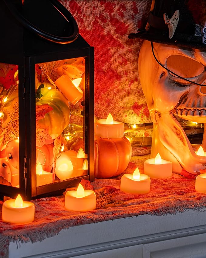 Halloween Flameless Candles, 12-Pack Orange Tea Lights Candles Battery Operated, LED Pumpkin Lights Flickering, Electric Fake Tealight Candles, 1.5'' D X 1.25'' H