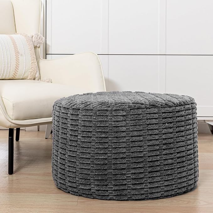 Stuffed Pouf Ottoman with Modern High-Density Foam Faux Fur Poufs Pouf Stool Round Foot Stool Cushion Storage Ottoman 20 * 12''Floor Poufs Ottoman Foot Rest for Living Room (Dark Grey)